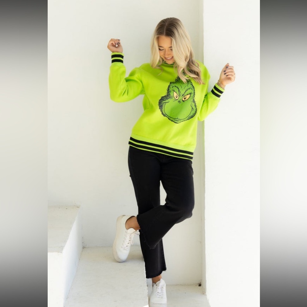 NWT GRINCH LONG SLEEVE SWEATSHIRT WITH VARSITY STRIPES ON COLLAR CUFF WAISTBAND